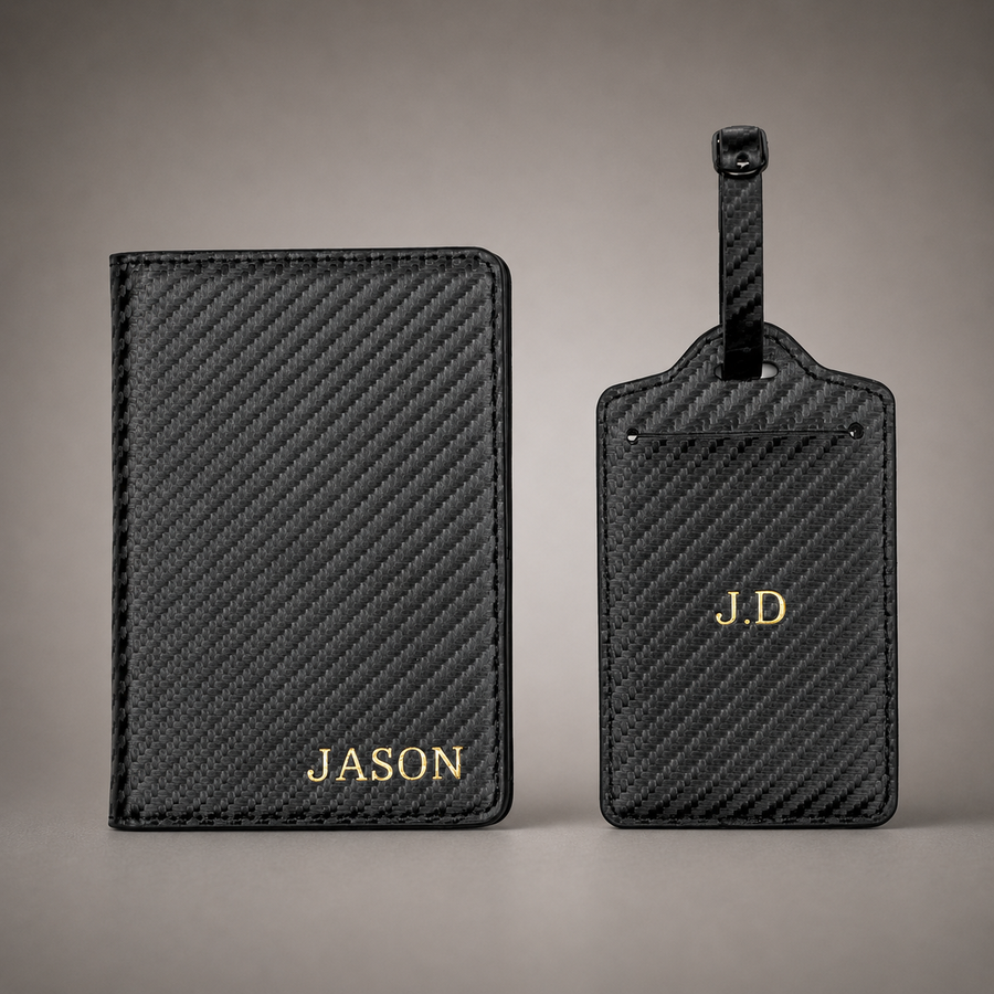 Personalised Passport Holder and Luggage Tag (Carbon Fibre)