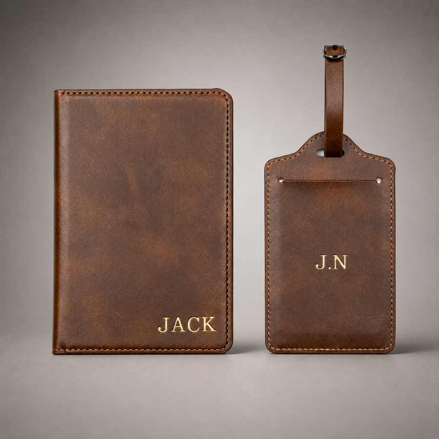 Personalised Passport Holder and Luggage Tag (Brown)