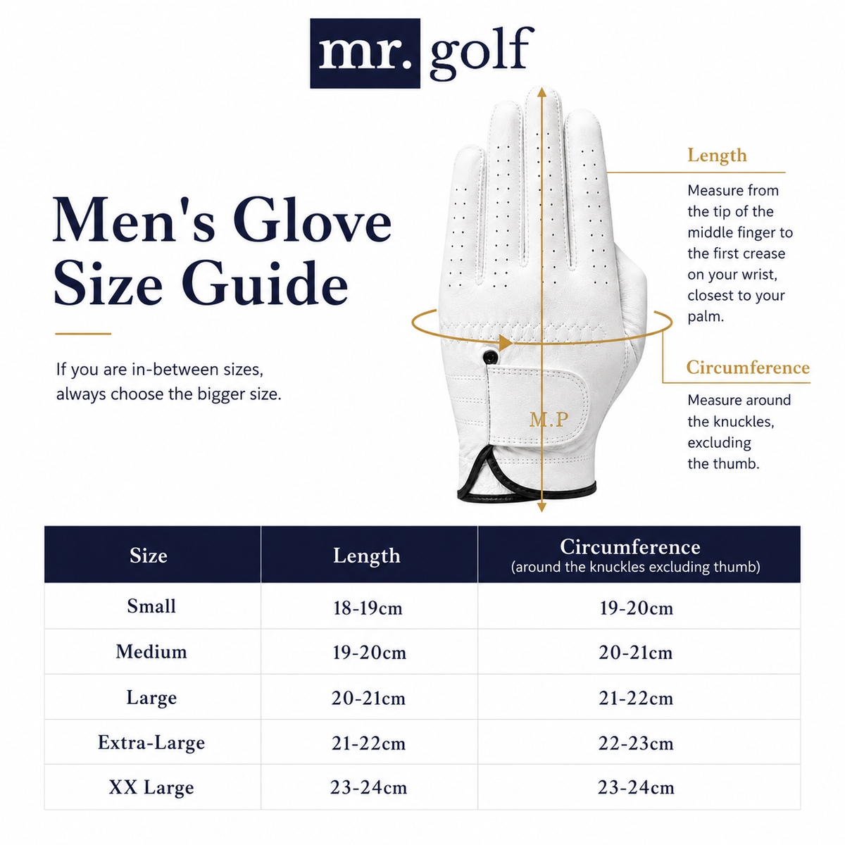 Golf glove hand and size guide